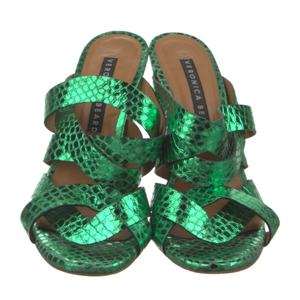 Veronica Beard Green Snake Metallic Mules Heels Slip On Size US 9 EU 39